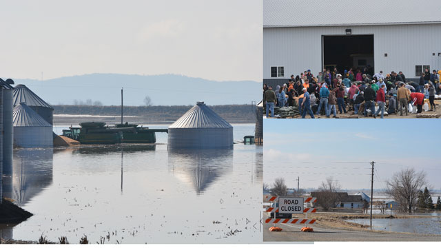A farm along the eastern edge of the Missouri River bottoms was caught with standing water flooding major machinery and grain bins. Hundreds of residents in Glenwood, Iowa, came out to sand bag, trying to protect the neighboring town of Pacific Junction and the city&#039;s water plant. (DTN photos by Chris Clayton) 
